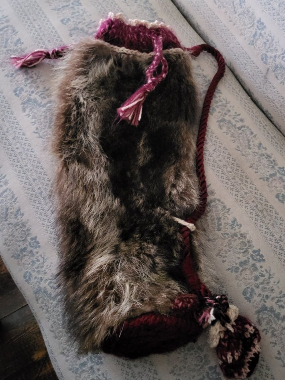 Genuine Raccoon Fur Crochet Bag Vintage Real Fur Handbag Drawstring Bag Pouch